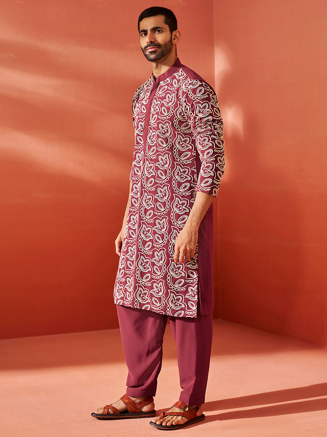 Maroon Faux Geogette Festival Men's Kurta Set