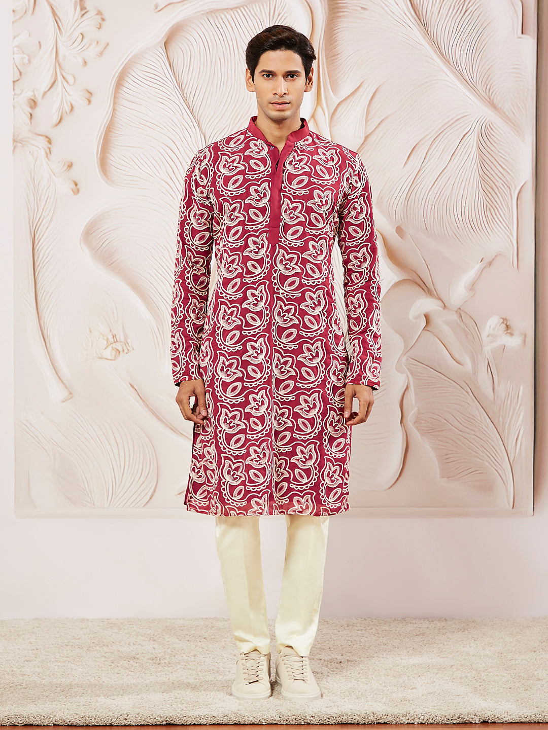 Maroon Faux Geogette Festival Wear Men's Kurta Set
