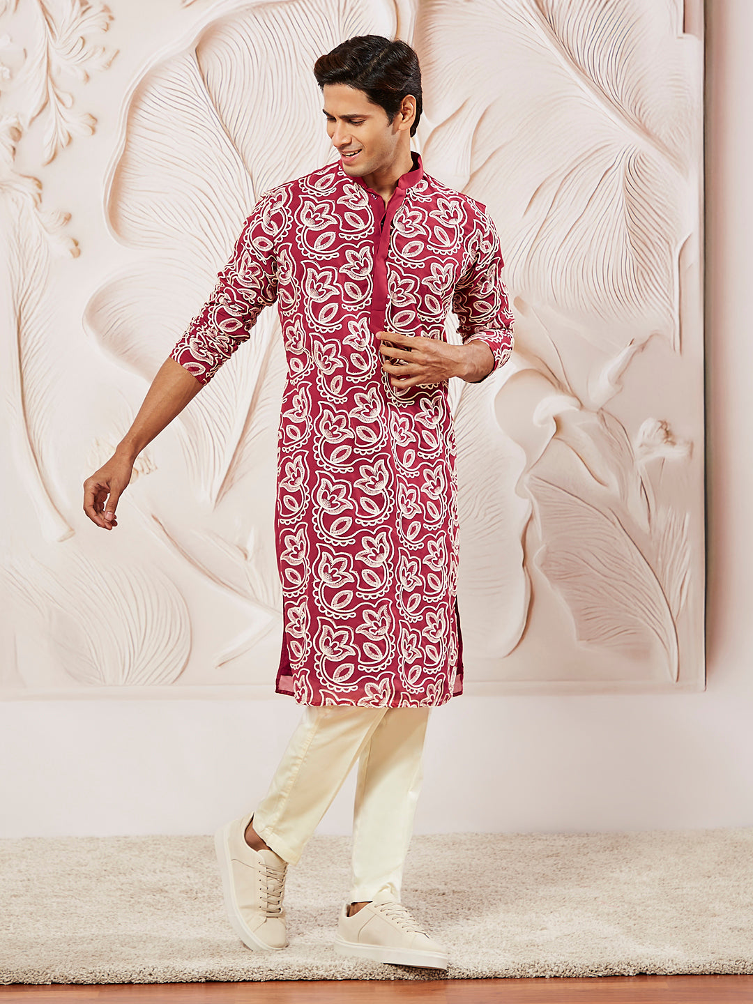 Maroon Faux Geogette Festival Wear Men's Kurta Set
