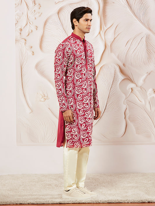 Maroon Faux Geogette Festival Wear Men's Kurta Set
