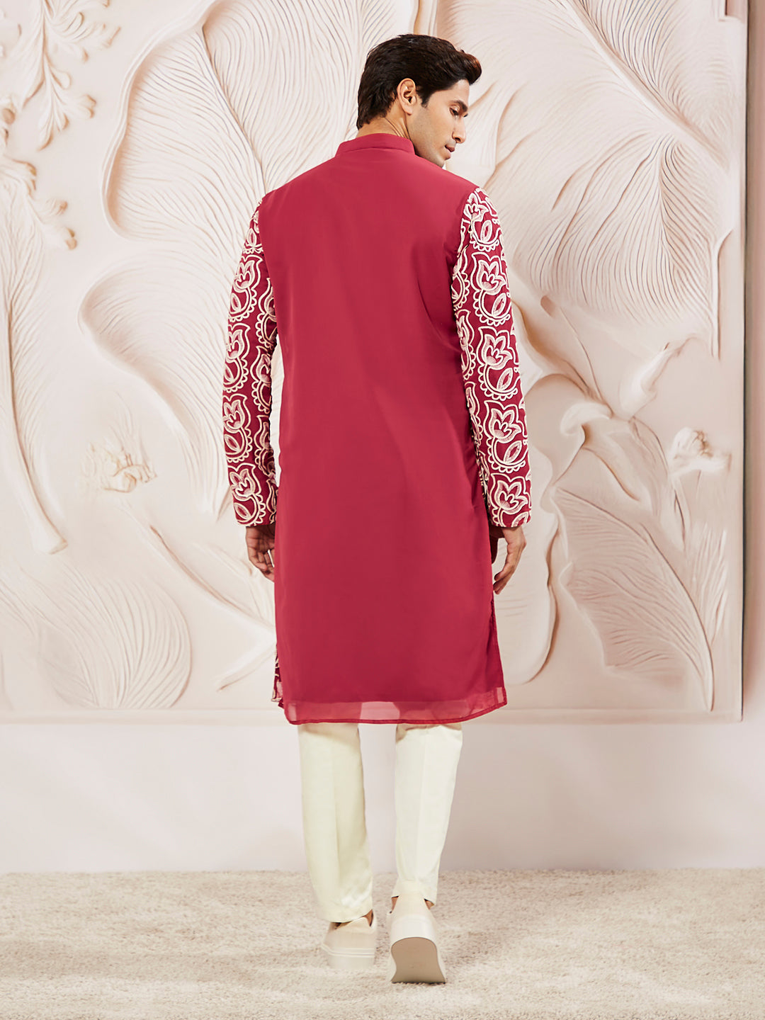 Maroon Faux Geogette Festival Wear Men's Kurta Set