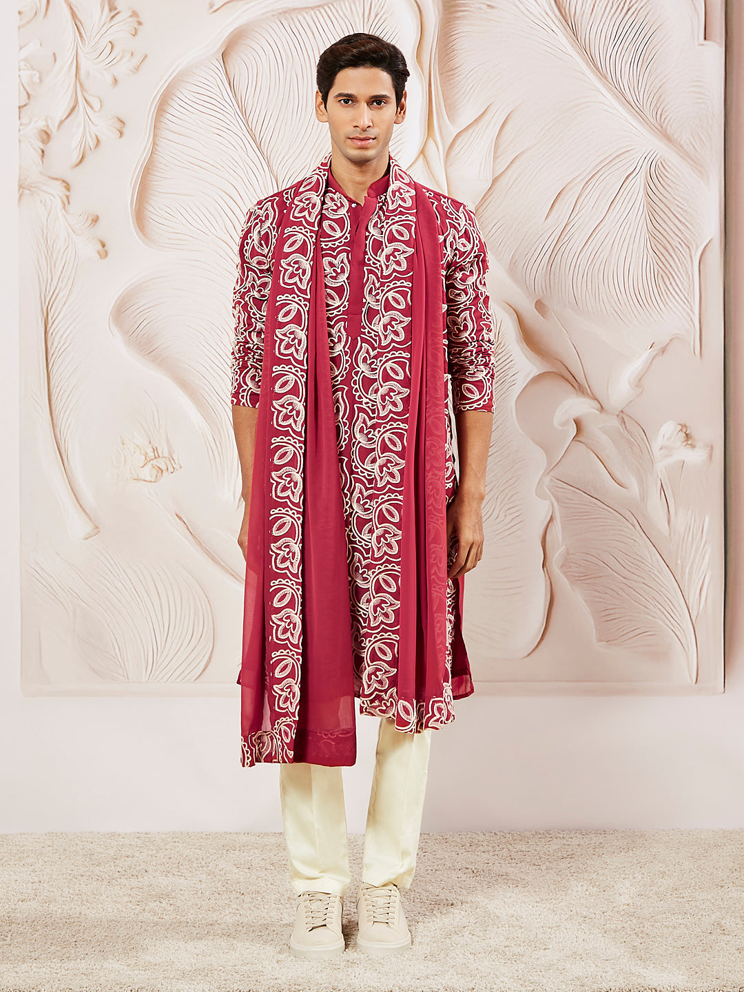 Designer Maroon Faux Geogette Festival Wear Men's Kurta Set
