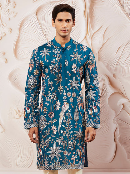 Turquoise Silk Blend Wedding Men's Kurta