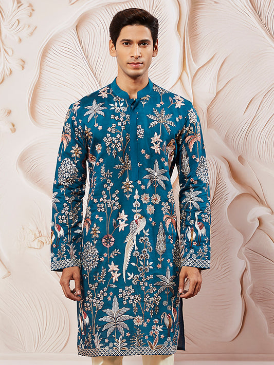 Turquoise Silk Blend Wedding Men's Kurta