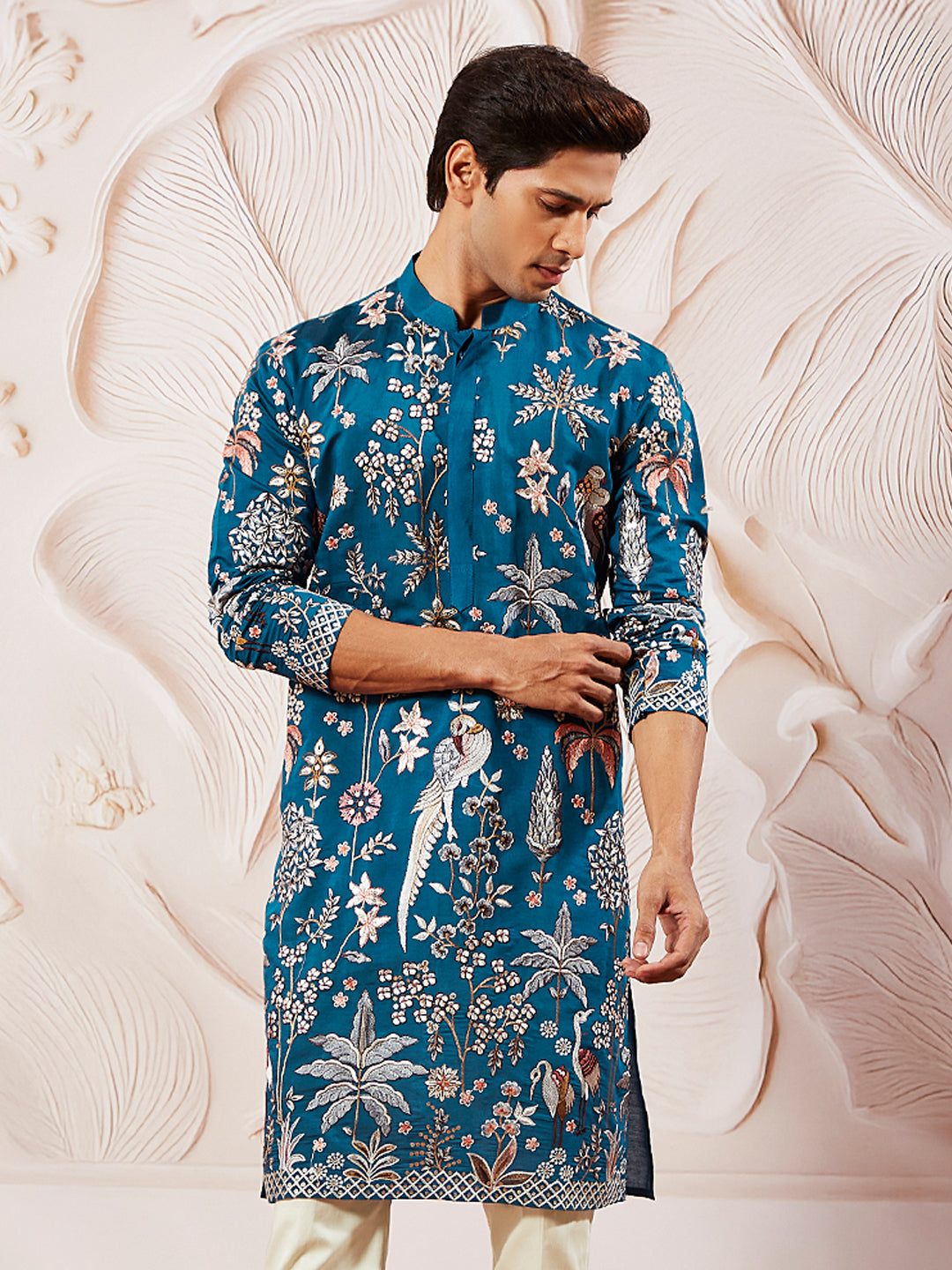 Turquoise Silk Blend Wedding Men's Kurta