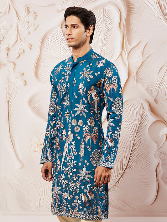Turquoise Silk Blend Wedding Men's Kurta