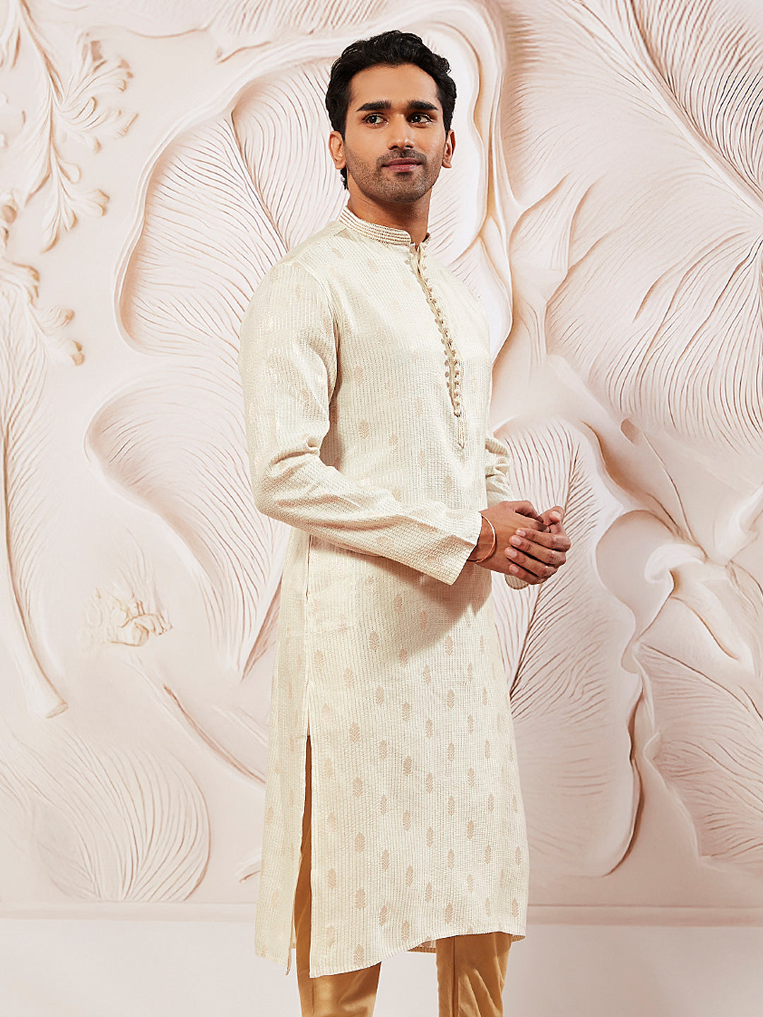 Cream Silk Blend Wedding Men's Kurta