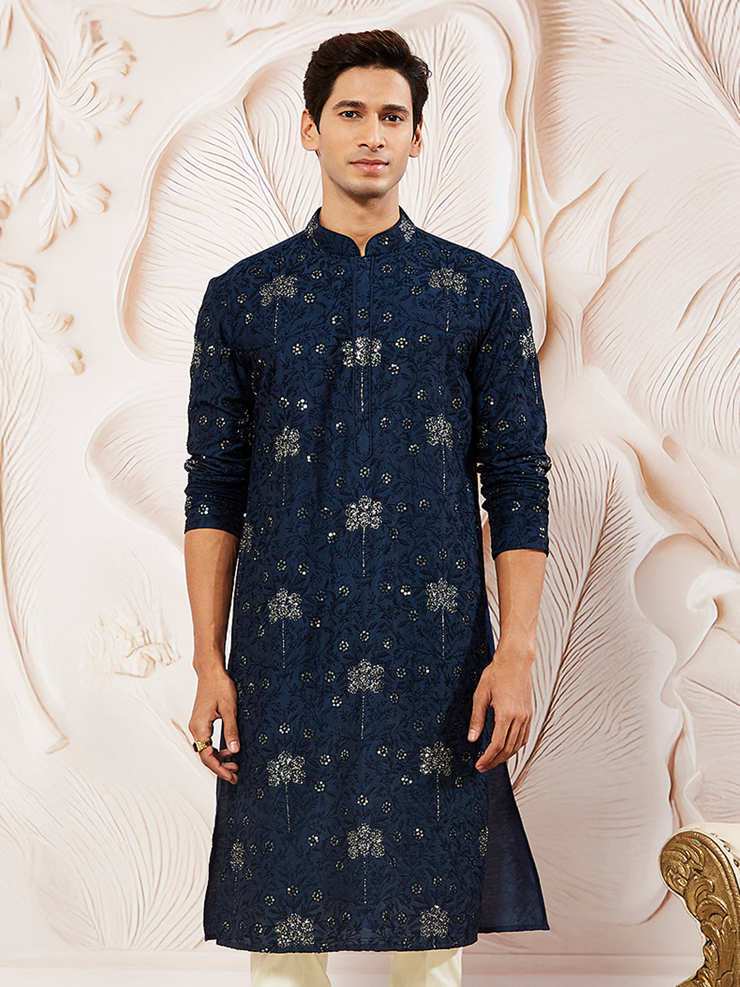 Navy Blue Silk Blend Wedding Men's Kurta