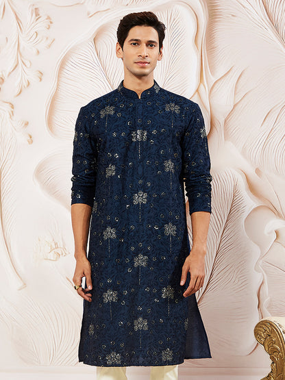 Navy Blue Silk Blend Wedding Men's Kurta