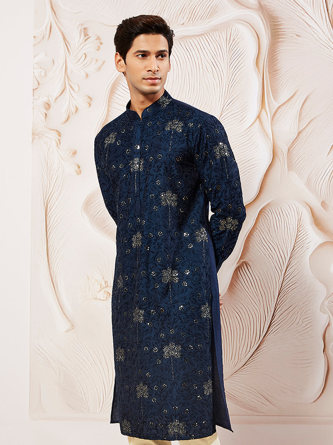 Navy Blue Silk Blend Wedding Men's Kurta