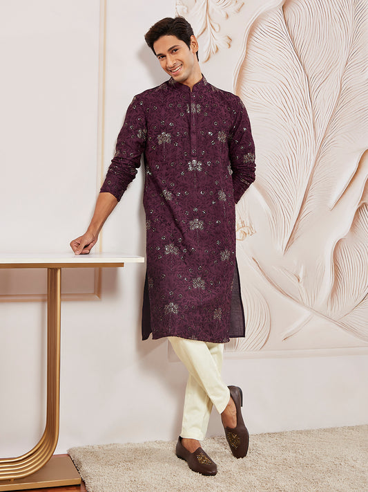 Wine Silk Blend Wedding Men's Kurta