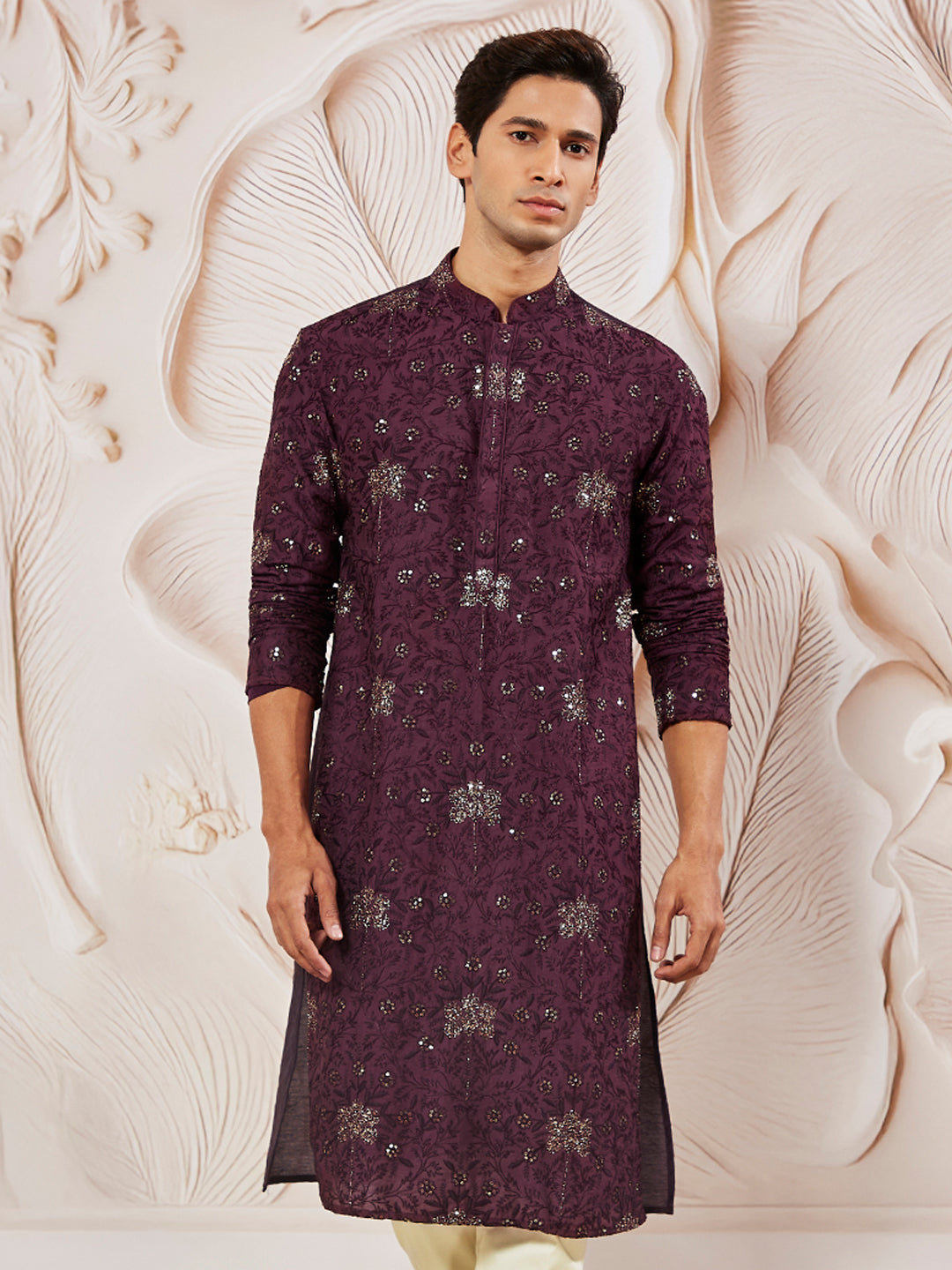 Wine Silk Blend Wedding Men's Kurta