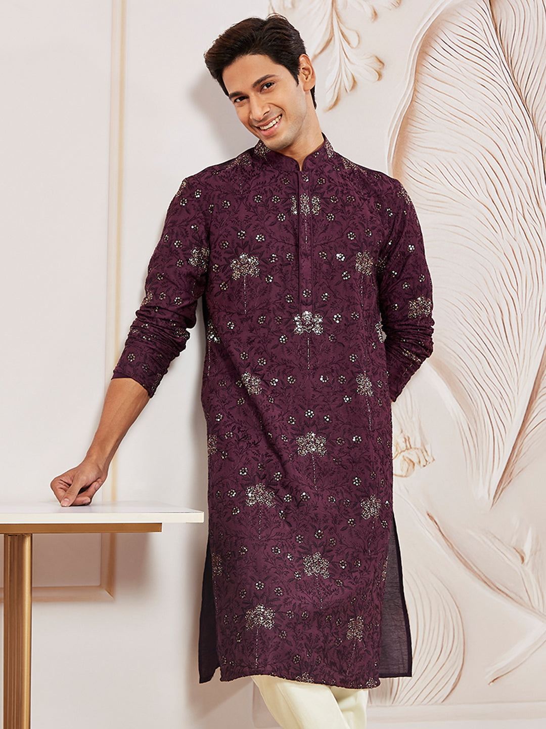 Wine Silk Blend Wedding Men's Kurta