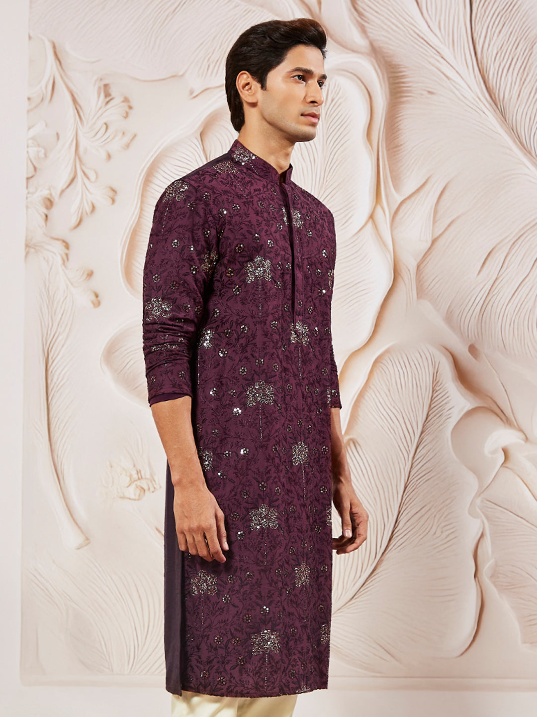 Wine Silk Blend Wedding Men's Kurta