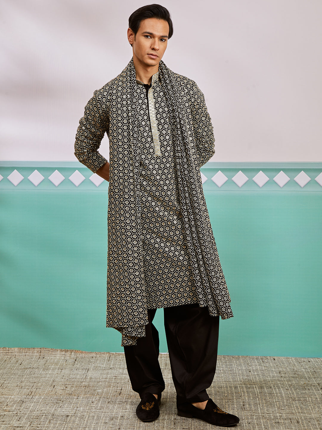 Black Rayon Wedding Men's Kurta Set with Dupatta