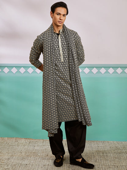 Black Rayon Wedding Men's Kurta Set with Dupatta