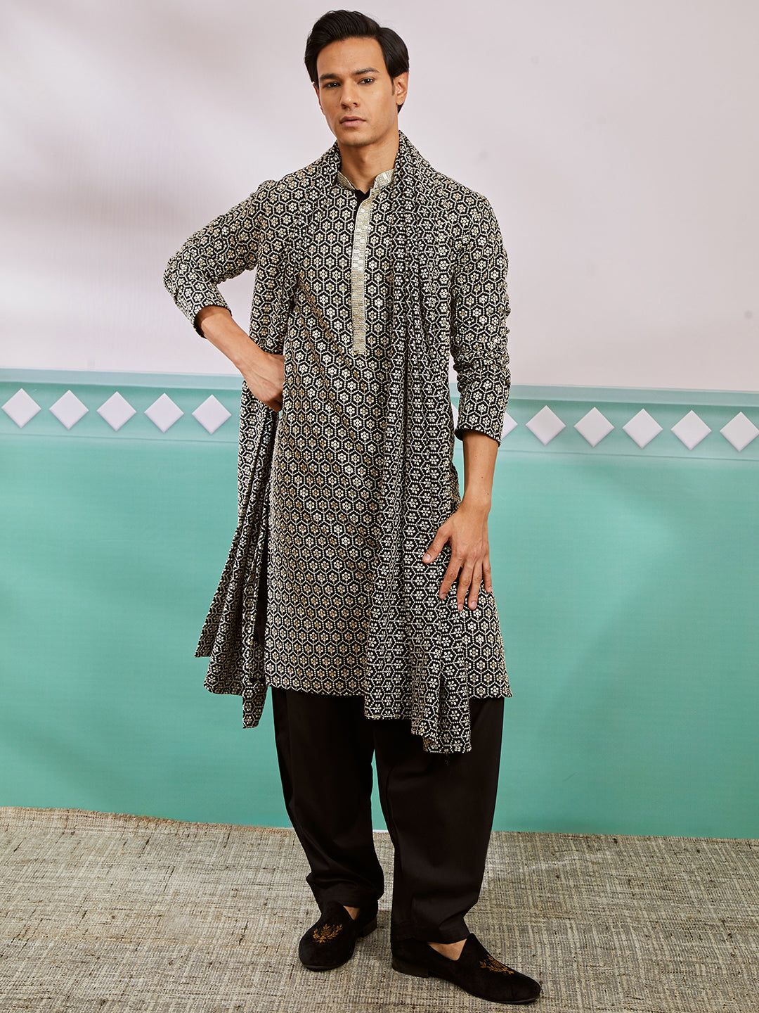 Black Rayon Wedding Men's Kurta Set with Dupatta