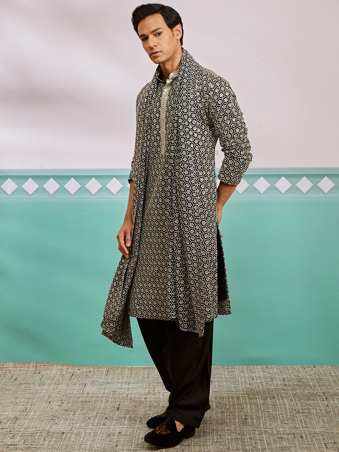 Black Rayon Wedding Men's Kurta Set with Dupatta