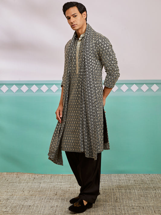 Black Rayon Wedding Men's Kurta Set with Dupatta
