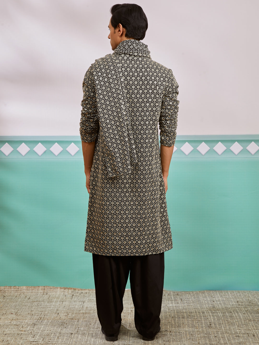 Black Rayon Wedding Men's Kurta Set with Dupatta