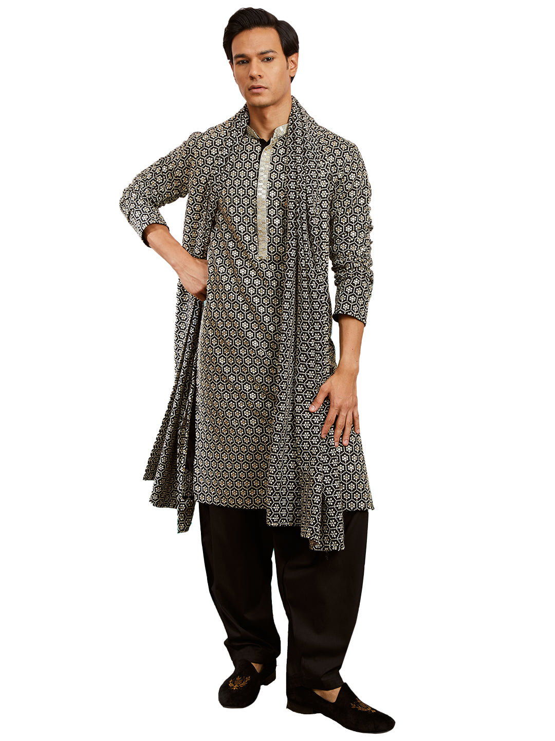 Black Rayon Wedding Men's Kurta Set with Dupatta