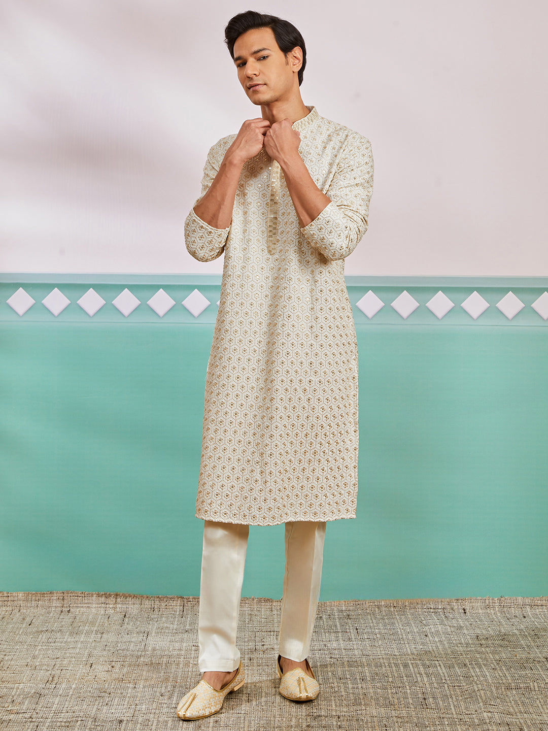 Off White Rayon Wedding Men's Kurta Set