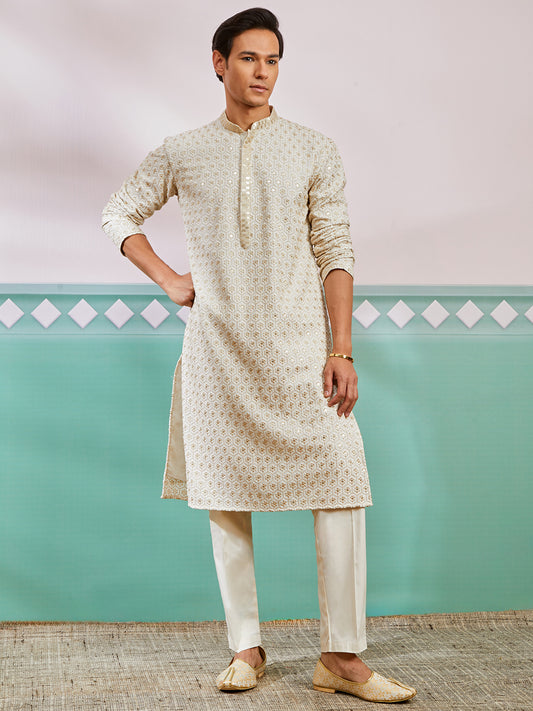 Off White Rayon Wedding Men's Kurta Set