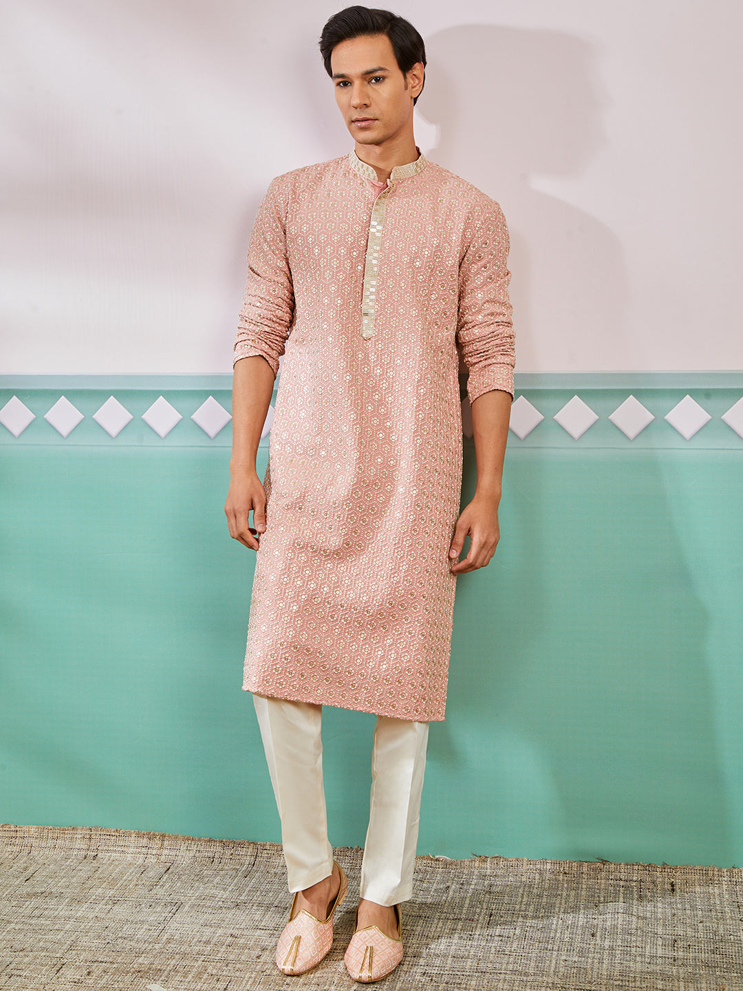 Peach Rayon Wedding Men's Kurta Set