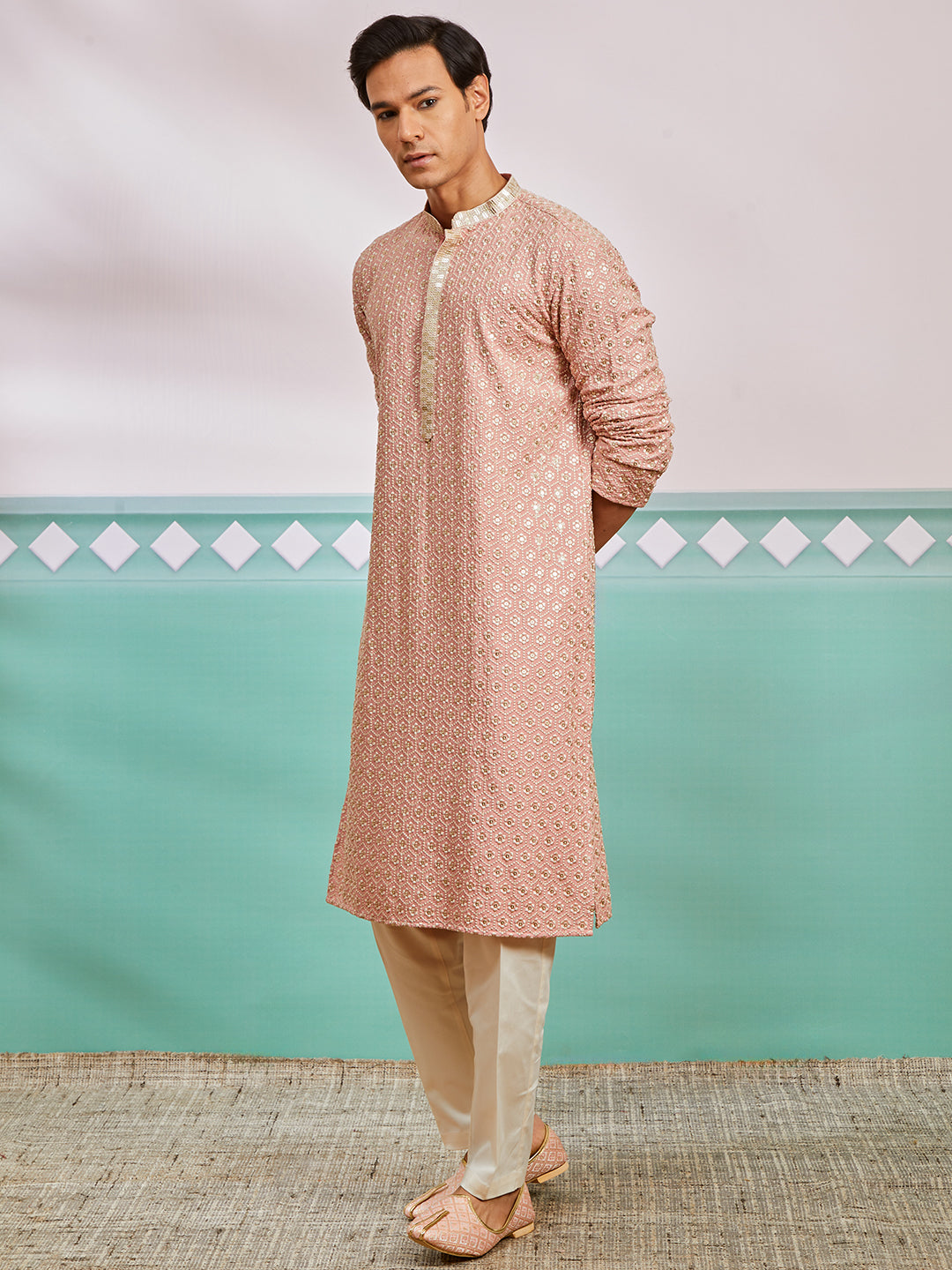 Peach Rayon Wedding Men's Kurta Set