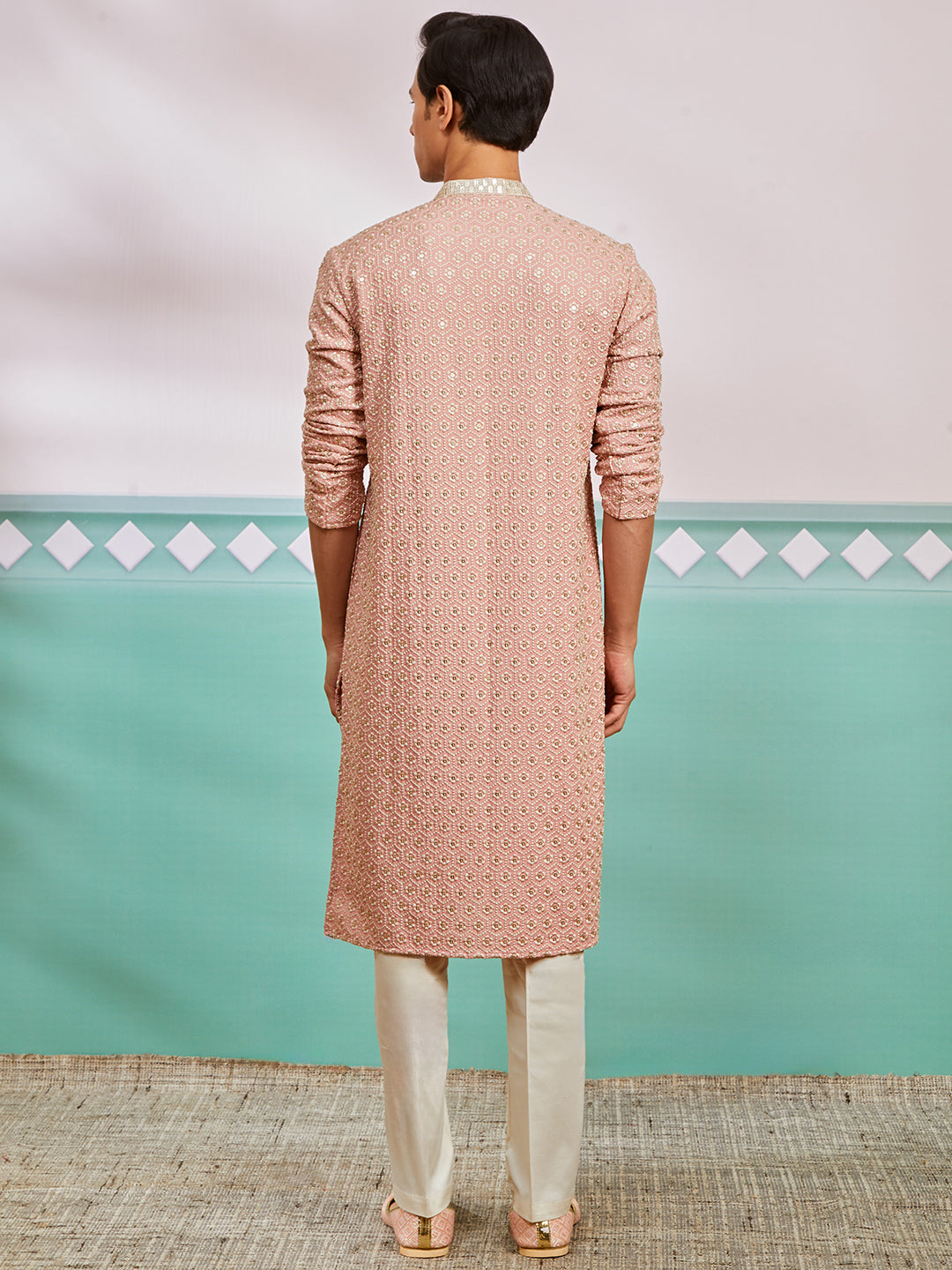 Peach Rayon Wedding Men's Kurta Set
