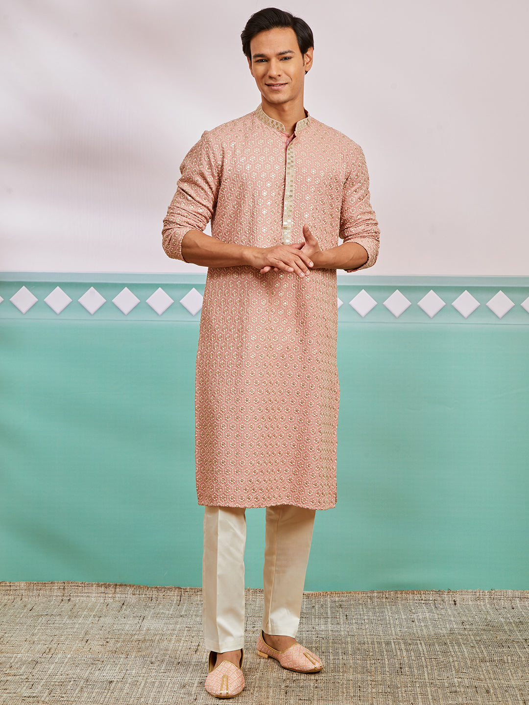 Peach Rayon Wedding Men's Kurta Set