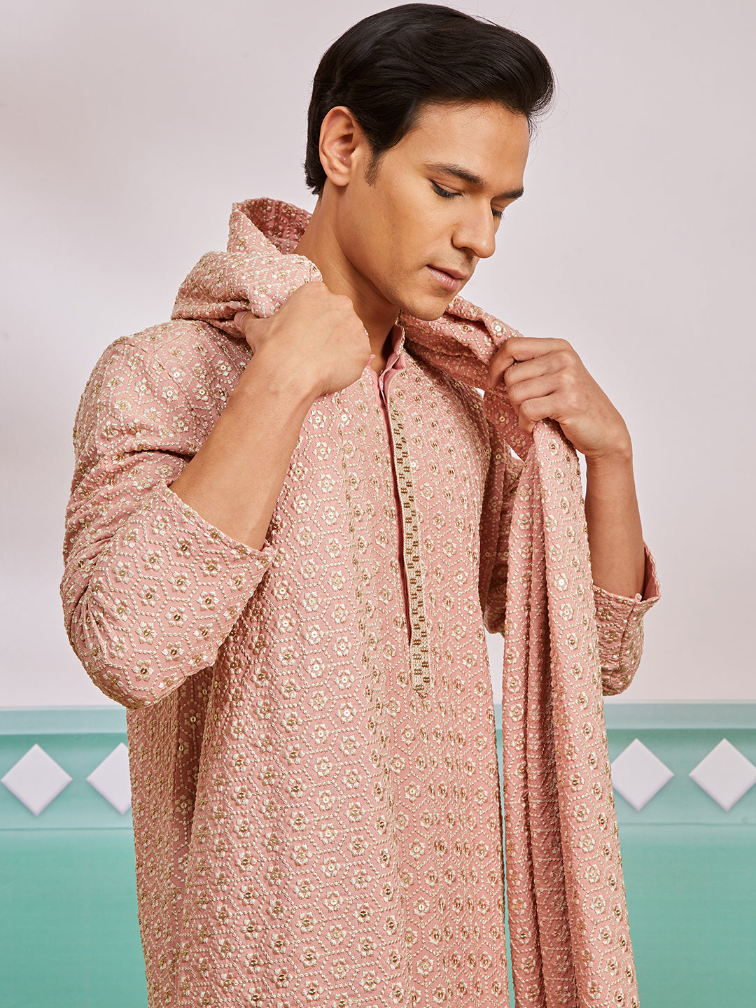 Peach Rayon Wedding Men's Kurta Set with Dupatta