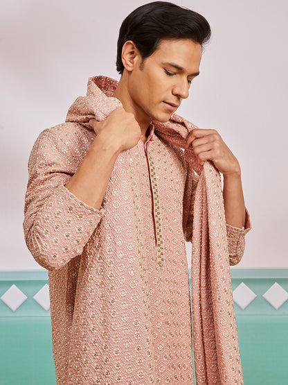 Peach Rayon Wedding Men's Kurta Set with Dupatta