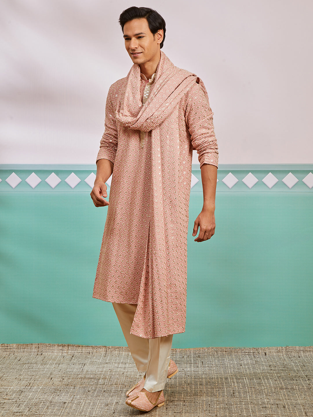 Peach Rayon Wedding Men's Kurta Set with Dupatta