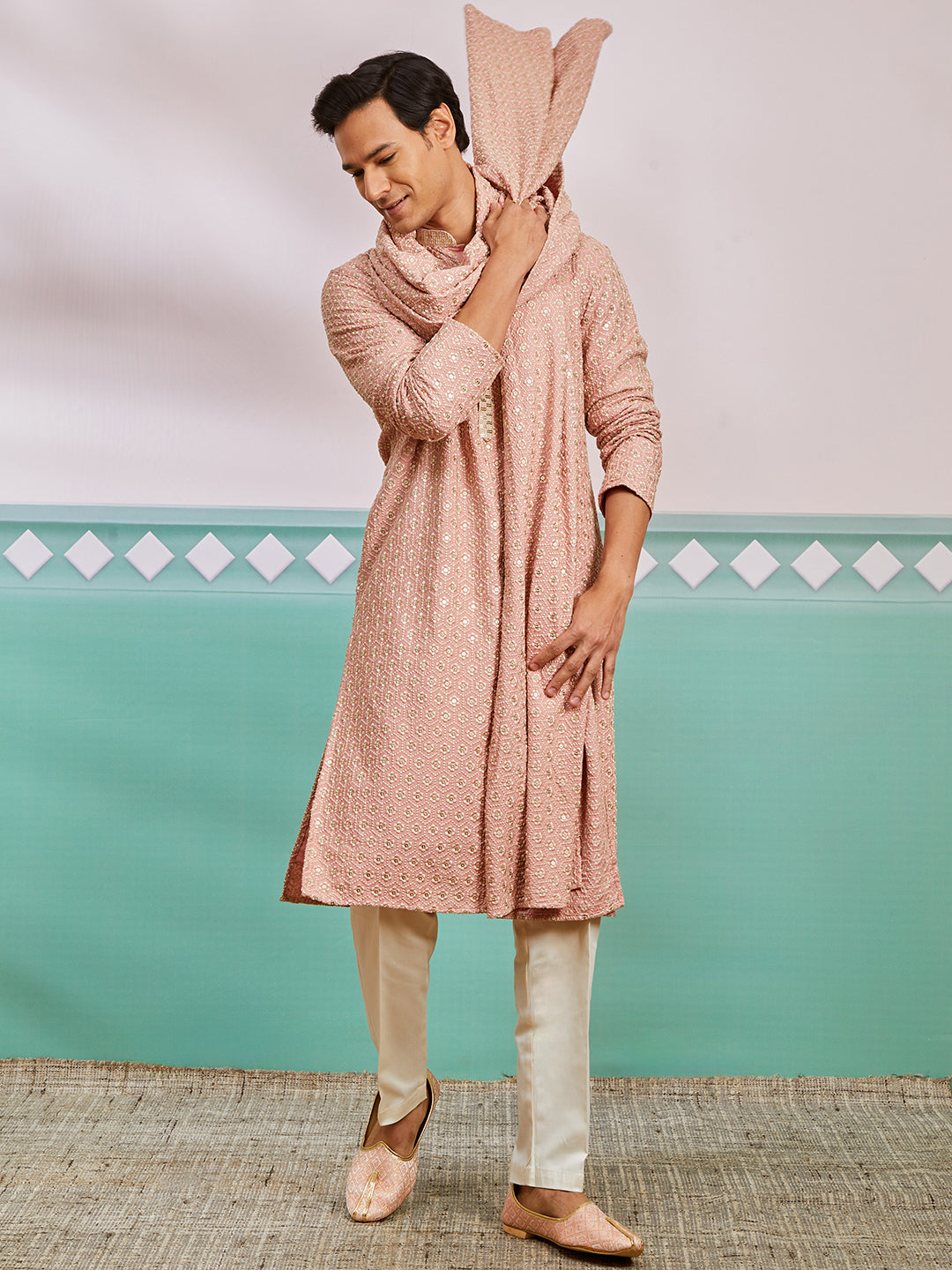 Peach Rayon Wedding Men's Kurta Set with Dupatta