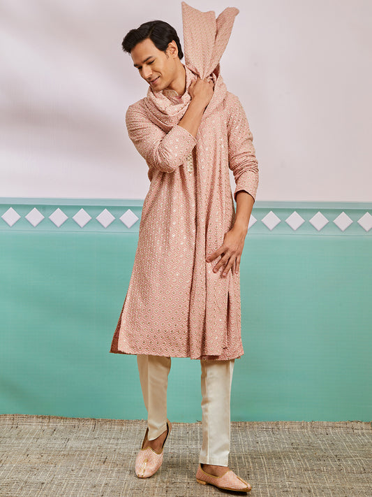 Peach Rayon Wedding Men's Kurta Set with Dupatta