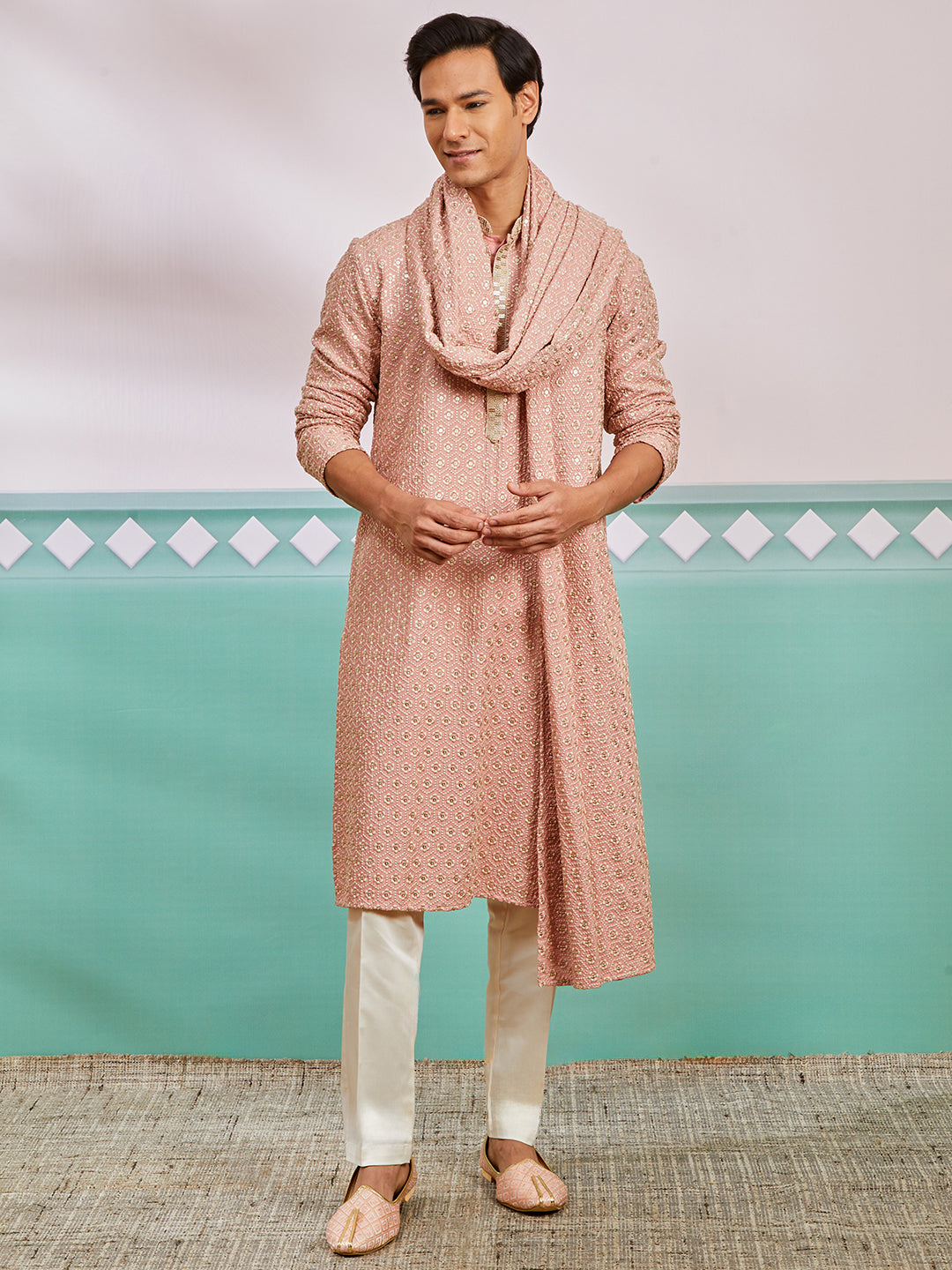 Peach Rayon Wedding Men's Kurta Set with Dupatta
