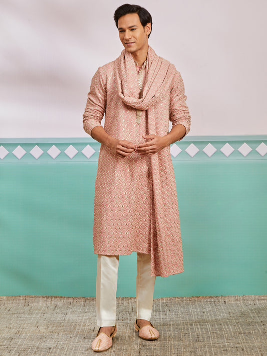 Peach Rayon Wedding Men's Kurta Set with Dupatta