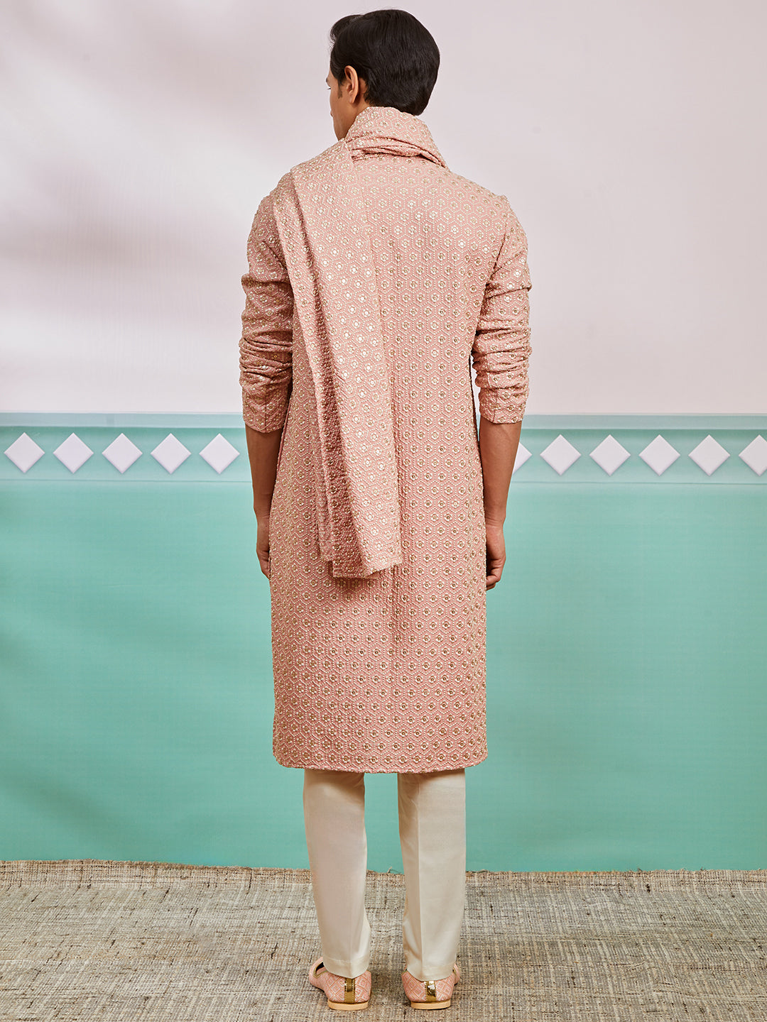 Peach Rayon Wedding Men's Kurta Set with Dupatta