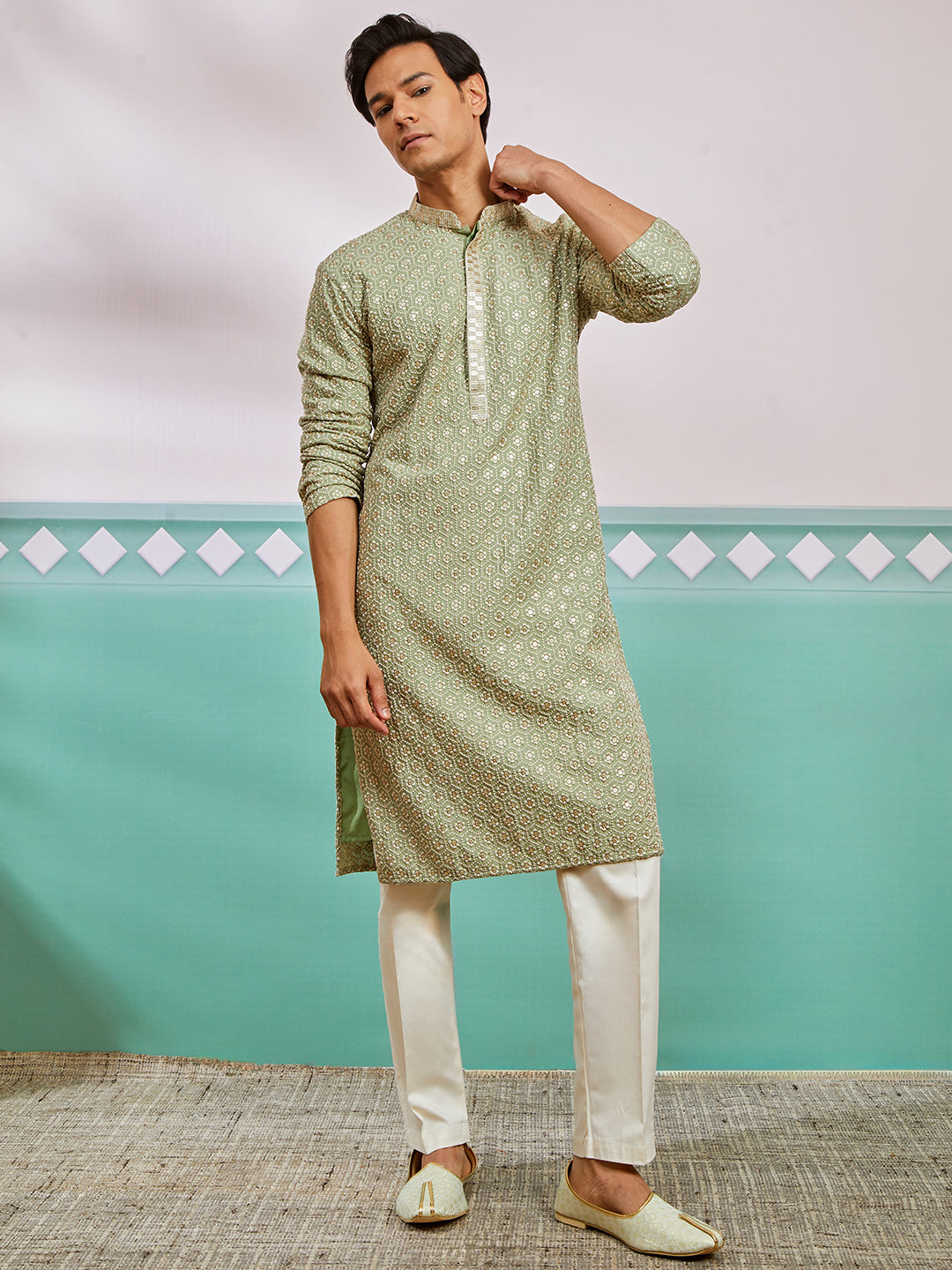 Pista Green Rayon Wedding Wear Men's Kurta Set