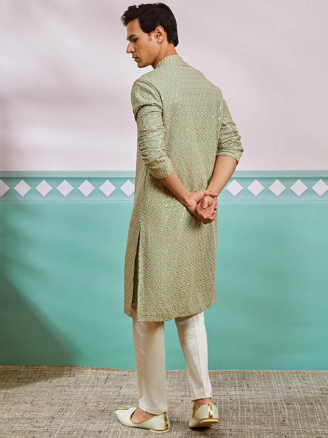 Pista Green Rayon Wedding Wear Men's Kurta Set