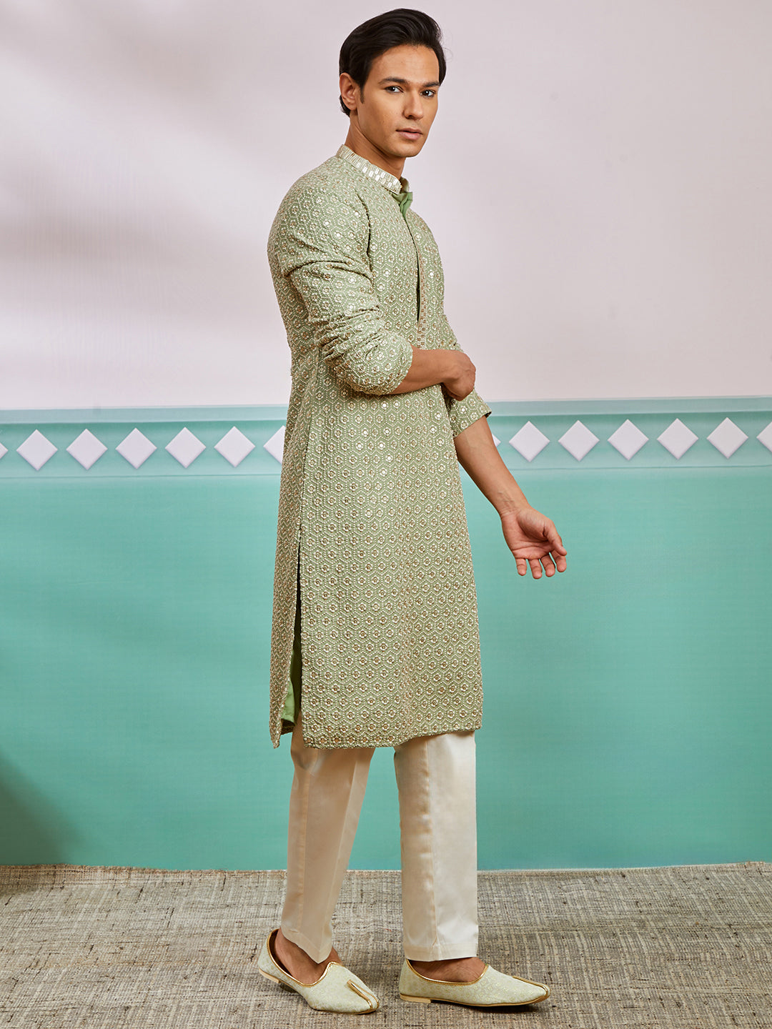 Pista Green Rayon Wedding Wear Men's Kurta Set