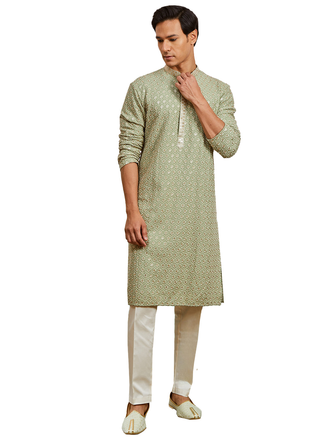 Pista Green Rayon Wedding Wear Men's Kurta Set