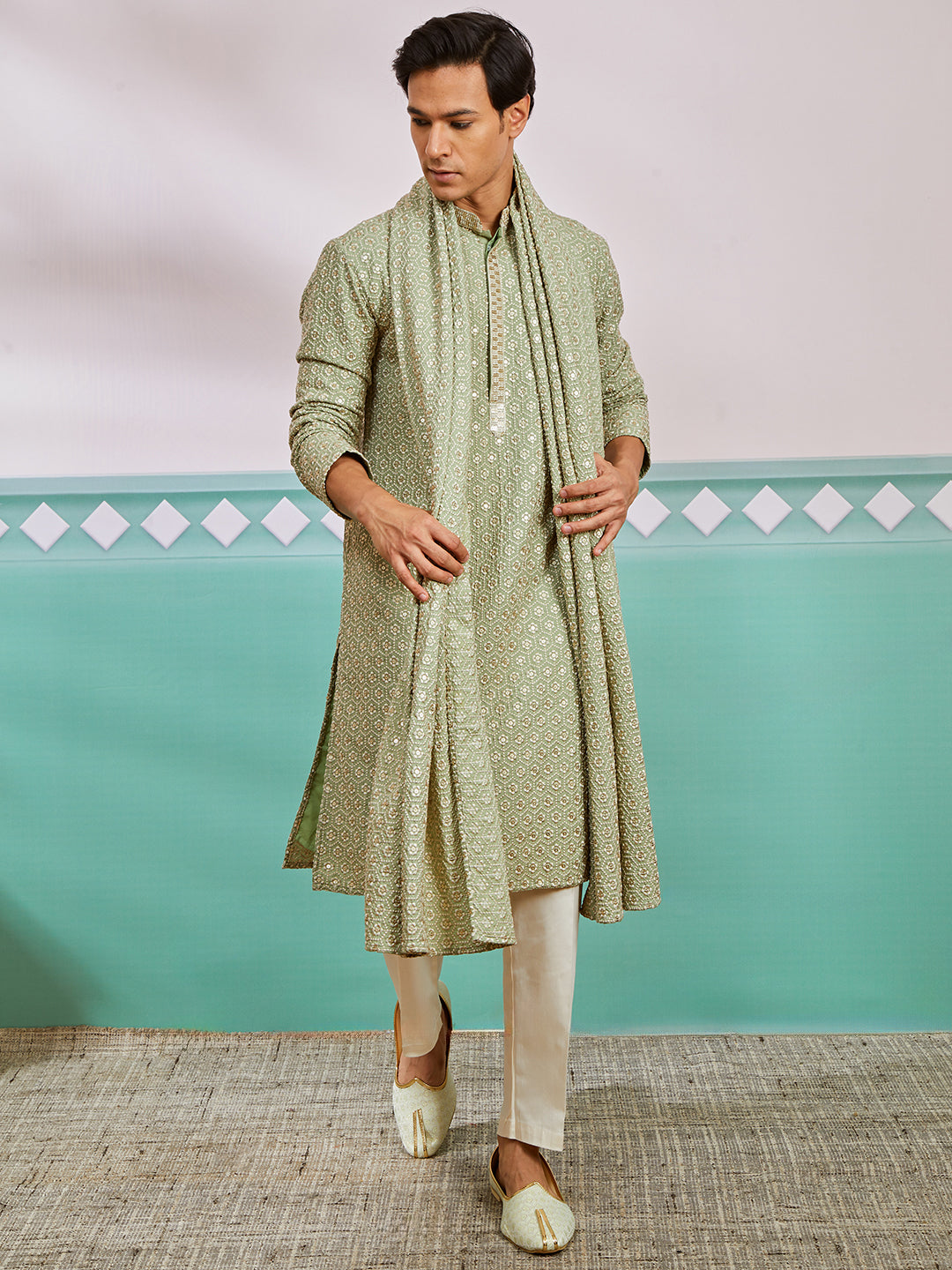 Pista Green Rayon Wedding Men's Kurta Set with Dupatta