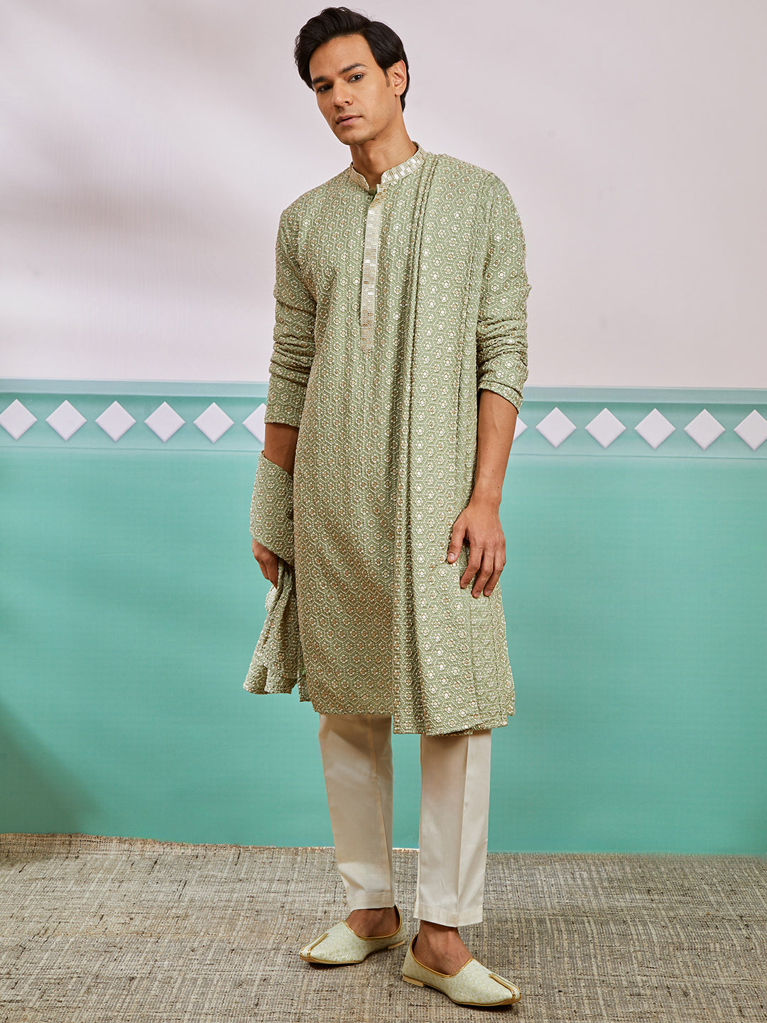 Pista Green Rayon Wedding Men's Kurta Set with Dupatta