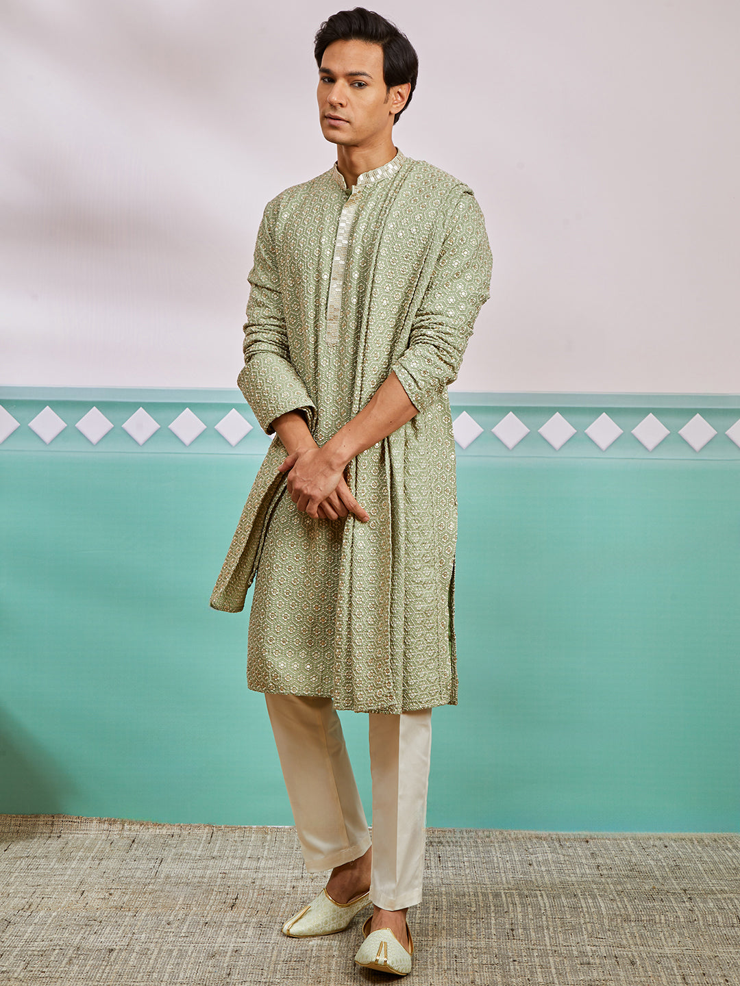 Pista Green Rayon Wedding Men's Kurta Set with Dupatta