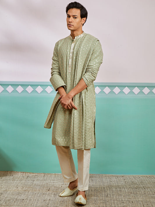 Pista Green Rayon Wedding Men's Kurta Set with Dupatta
