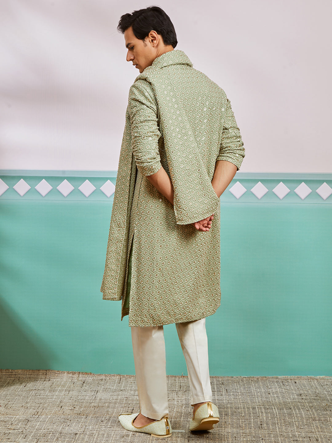 Pista Green Rayon Wedding Men's Kurta Set with Dupatta