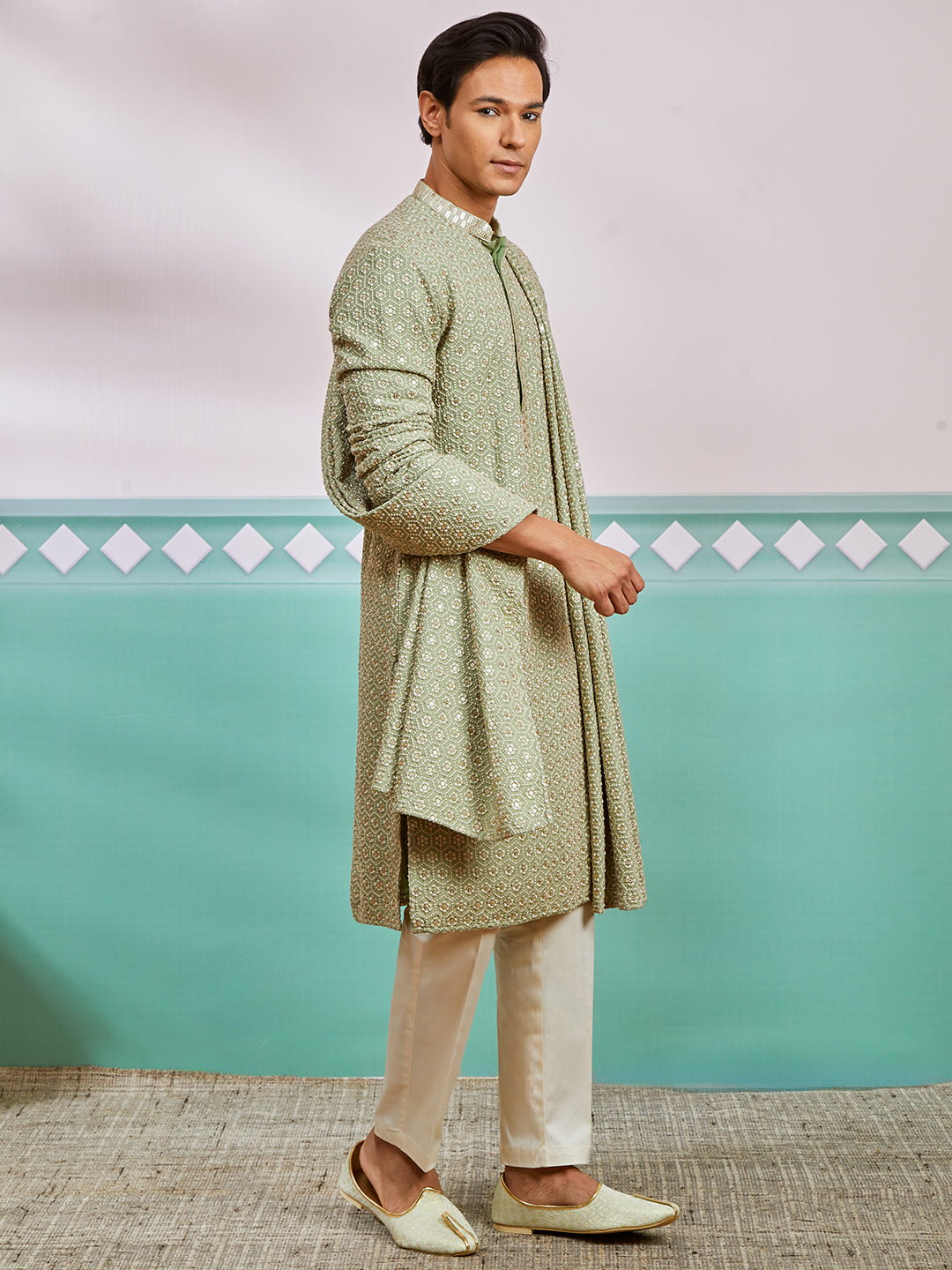 Pista Green Rayon Wedding Men's Kurta Set with Dupatta