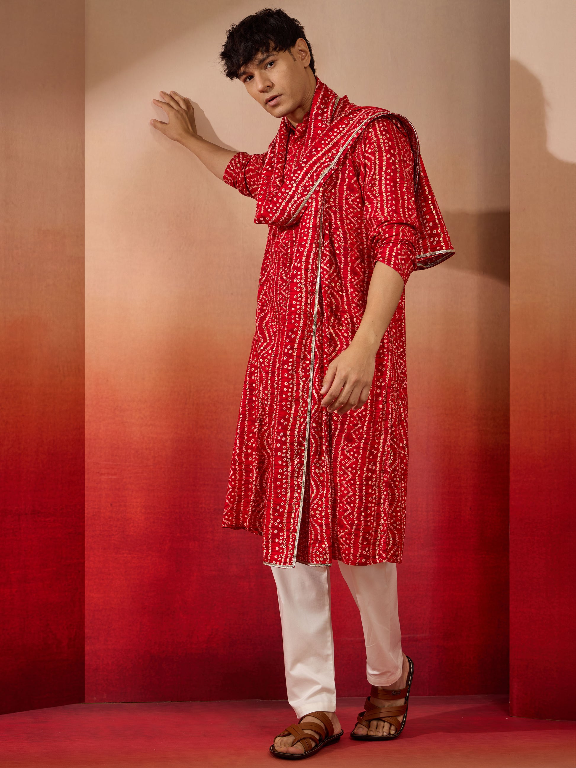 Red Rayon Casual Men's Kurta Set with Dupatta